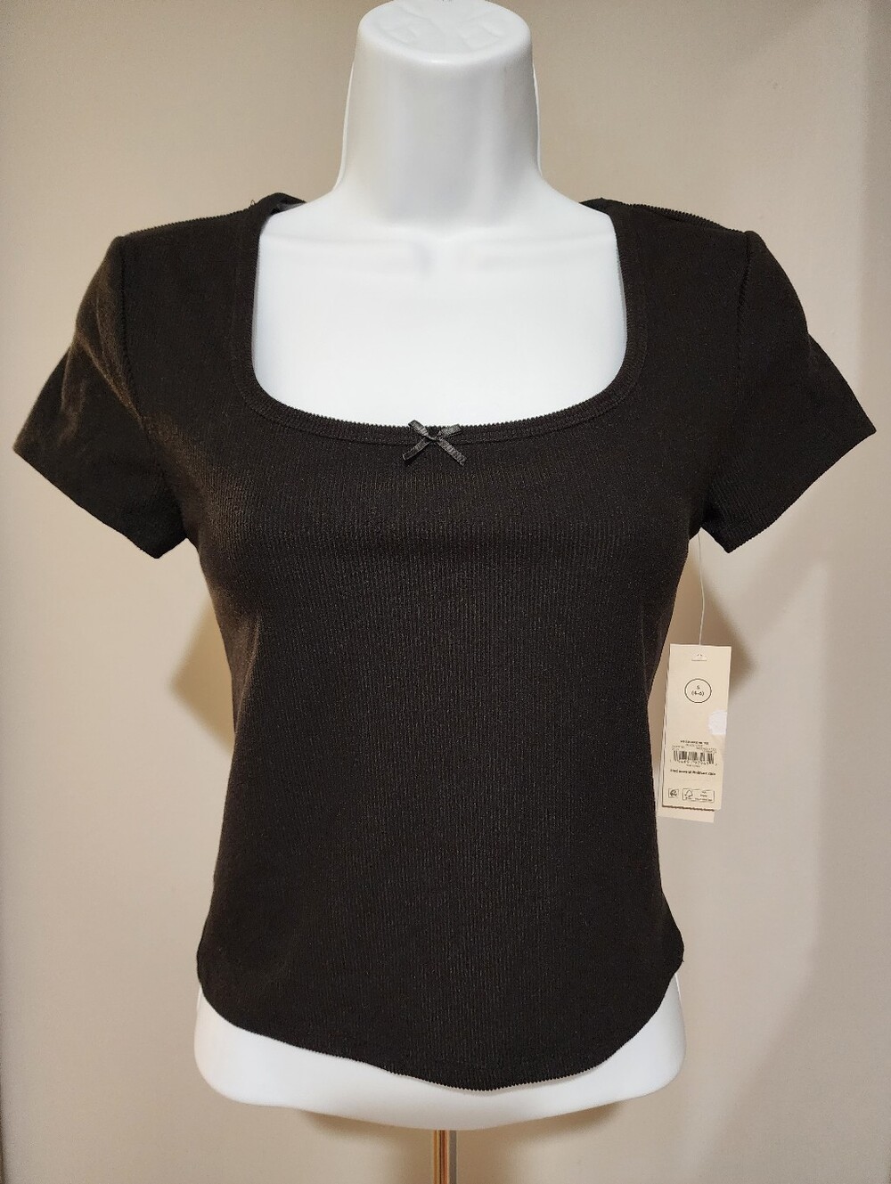 Black Ribbed Square Neck Top with Satin Bow – Y2K Coquette Tee NWT Small